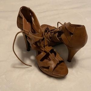 Brown lace up open toe heels